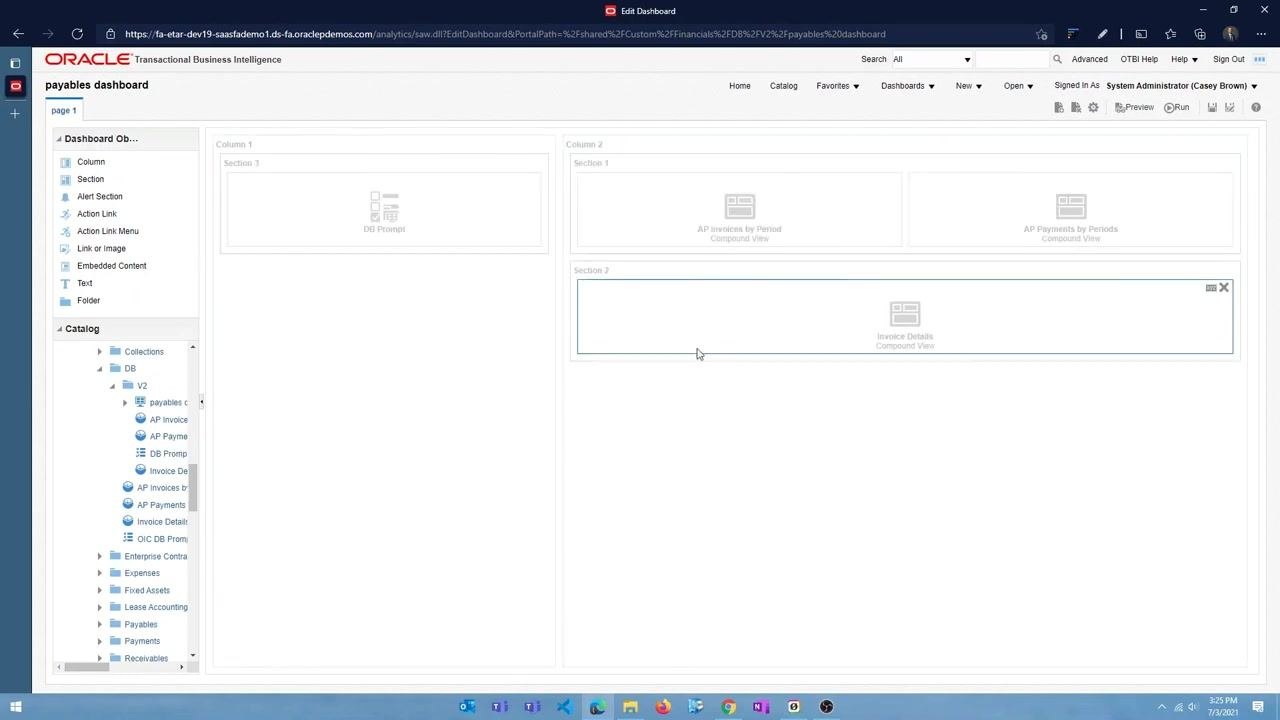 Dashboard layout showing "DB Prompt" in the left column, with the analysis views "AP Invoices by Period," "AP Payments by Periods," and "Invoice Details" in the main area.
