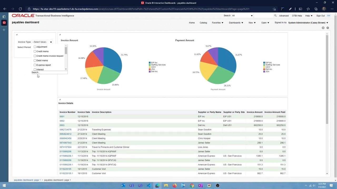 Dashboard prompt panel open, showing the Invoice Type dropdown with options such as Adjustment, Credit memo, Credit memo invoice request, Debit memo, Expense report, and Interest, with the cursor hovering over "Credit memo".