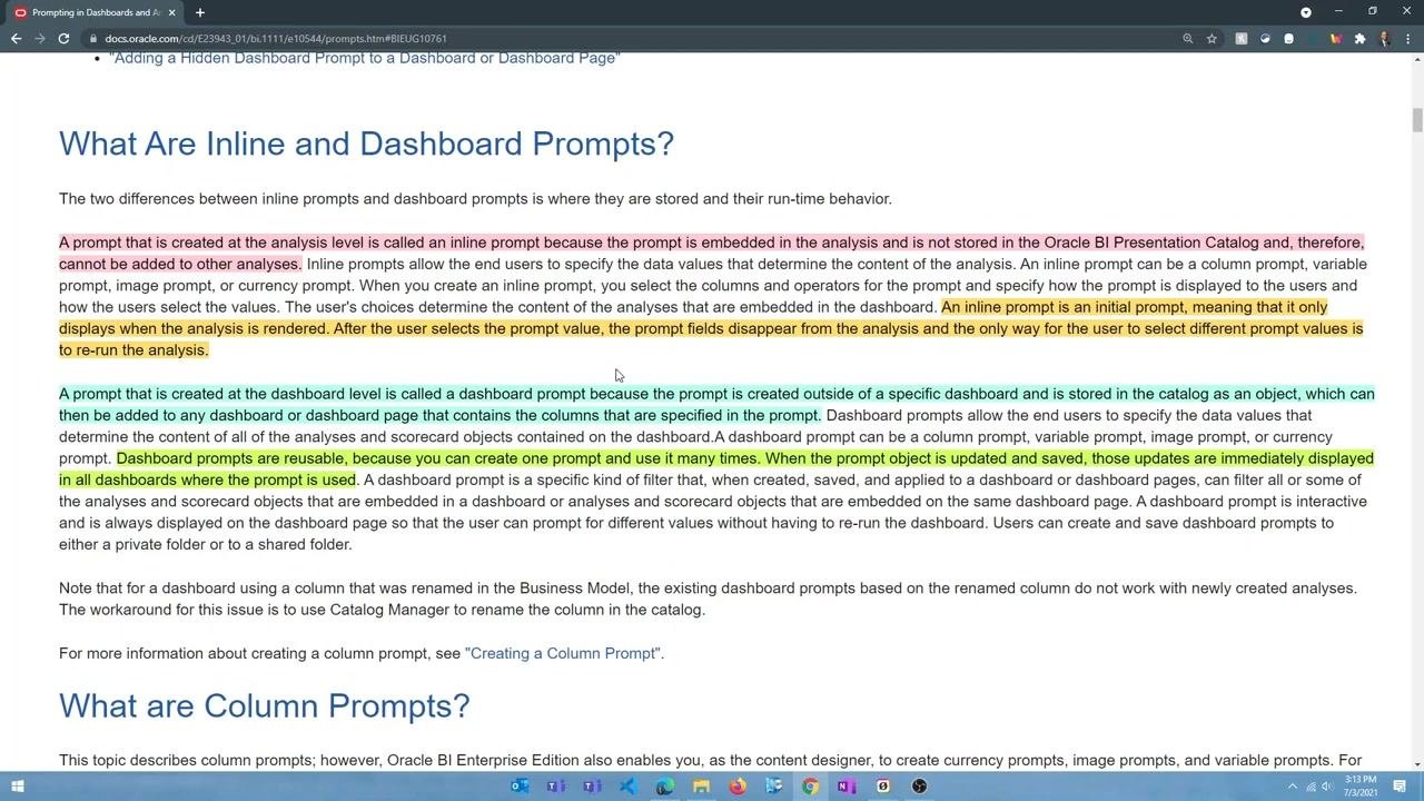 Oracle documentation page with highlighted sections explaining inline and dashboard prompts, including their definitions, behaviors, and reusability.
