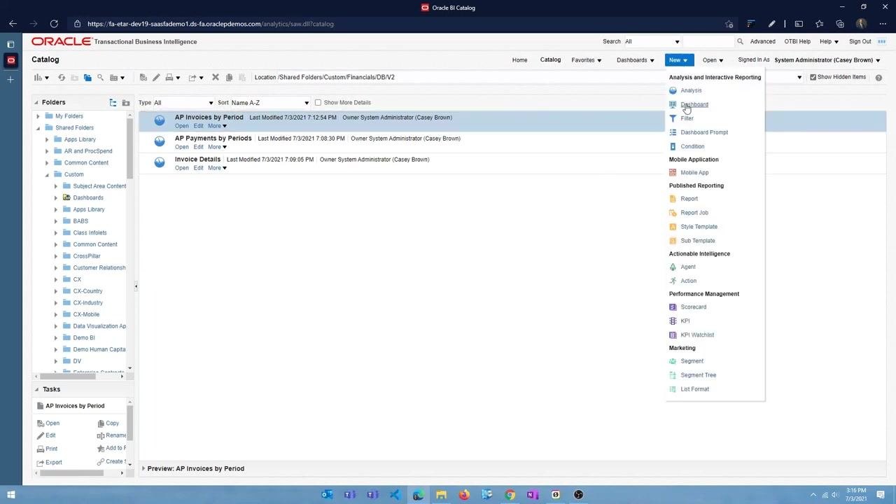 Catalog screen with folders and saved analyses, and the "New" menu expanded showing options like Analysis, Dashboard, Filter, and Report.
