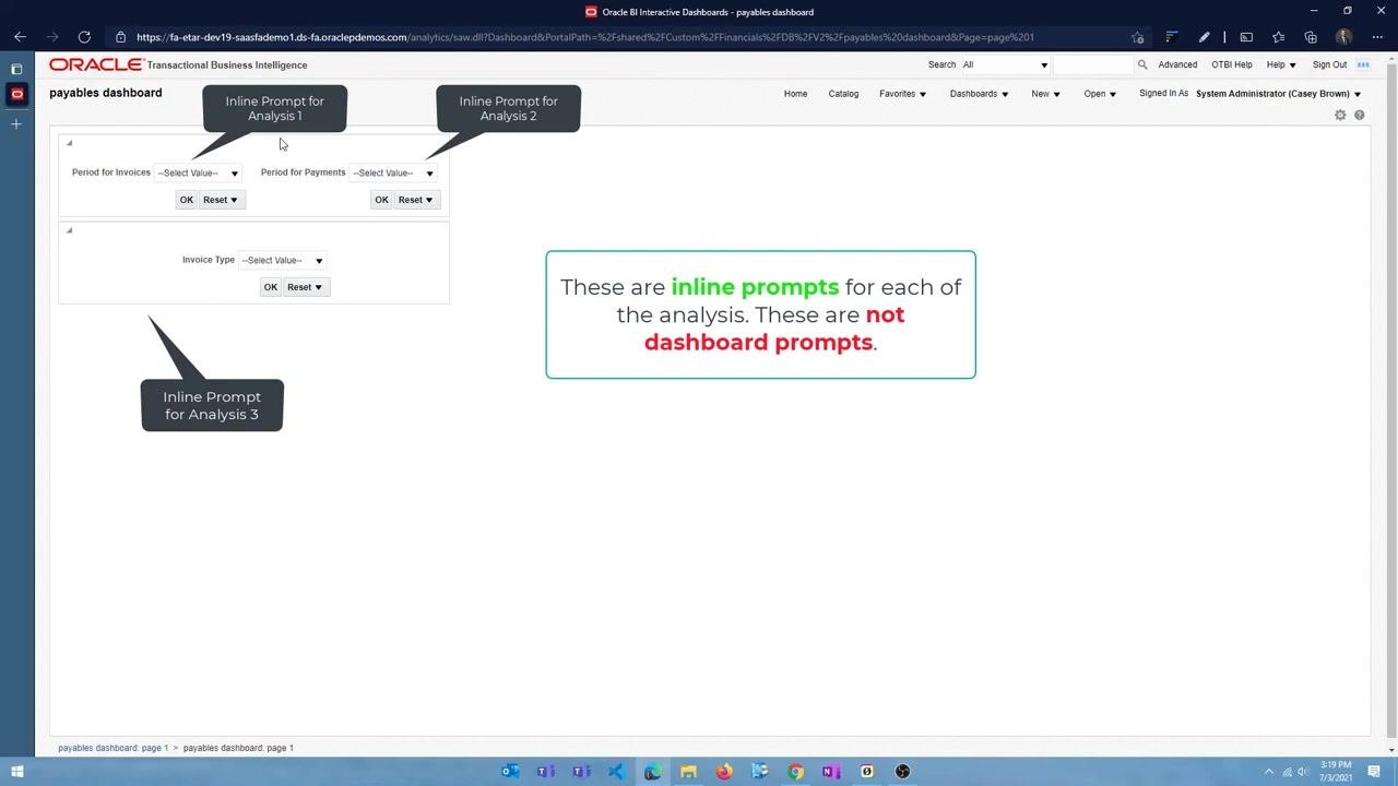 Dashboard run view showing inline prompts for each analysis, with callouts explaining the difference between inline and dashboard prompts.