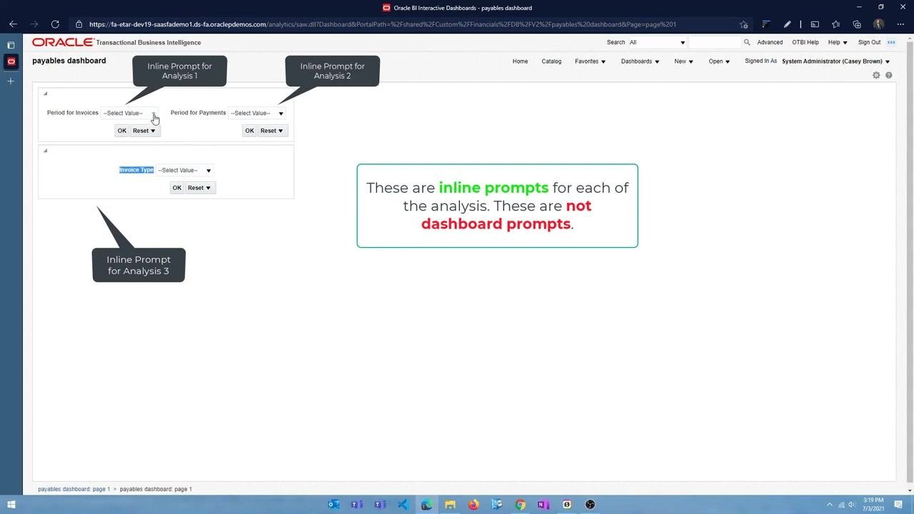Dashboard with three inline prompts, each labeled for a different analysis, and a message explaining the difference between inline and dashboard prompts.