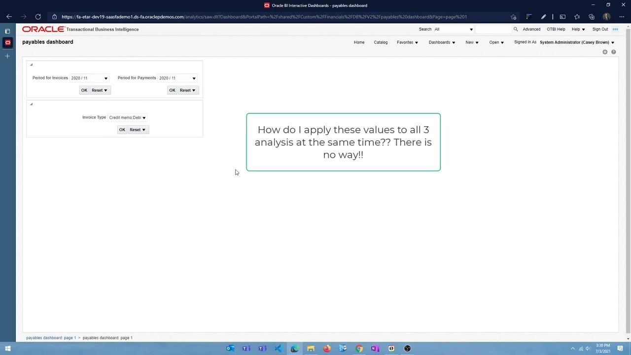 Dashboard showing selected prompt values and a message about the inability to apply values to all analyses at once.