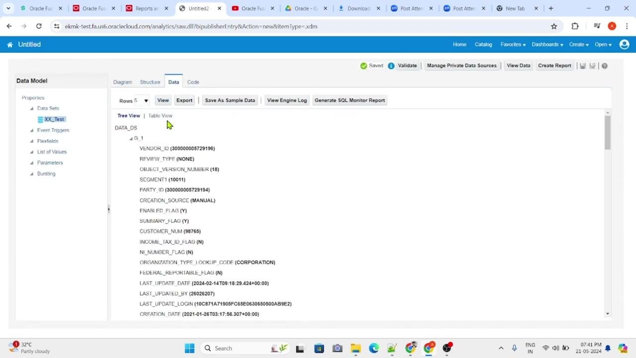 New Data Set - SQL Query dialog with Name set to XX_Test, Data Source set to ApplicationDB_FSCM, Type of SQL as Standard SQL, and the SQL Query box containing "select * from poz_suppliers."