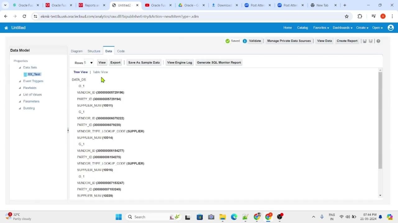 Edit Data Set dialog showing the SQL query with SEGMENT1 aliased as supplier_num.