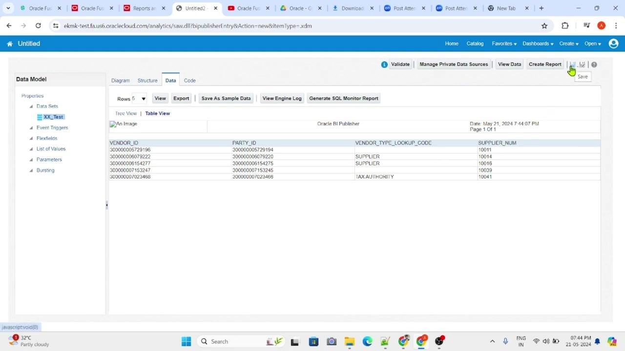 Save icon being clicked in the Data Model editor.