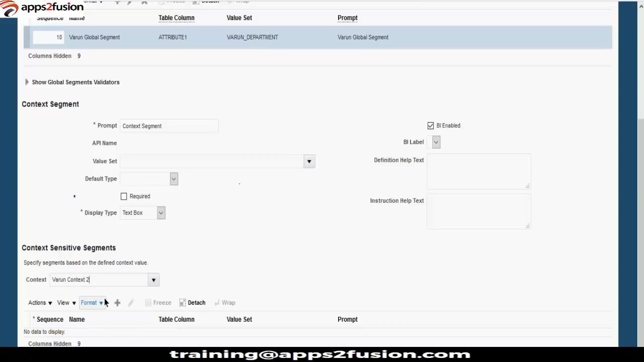 Manage Catalog Descriptive Flexfields screen confirming the saved state of the Varun Global Segment and context segment