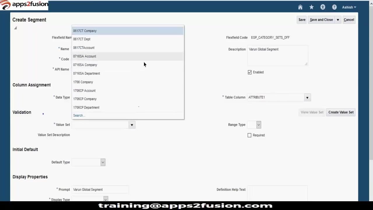Search and Select: Value Set dialog showing VARUN_ACCOUNT, VARUN_COMPANY, and VARUN_DEPARTMENT, all of type Character