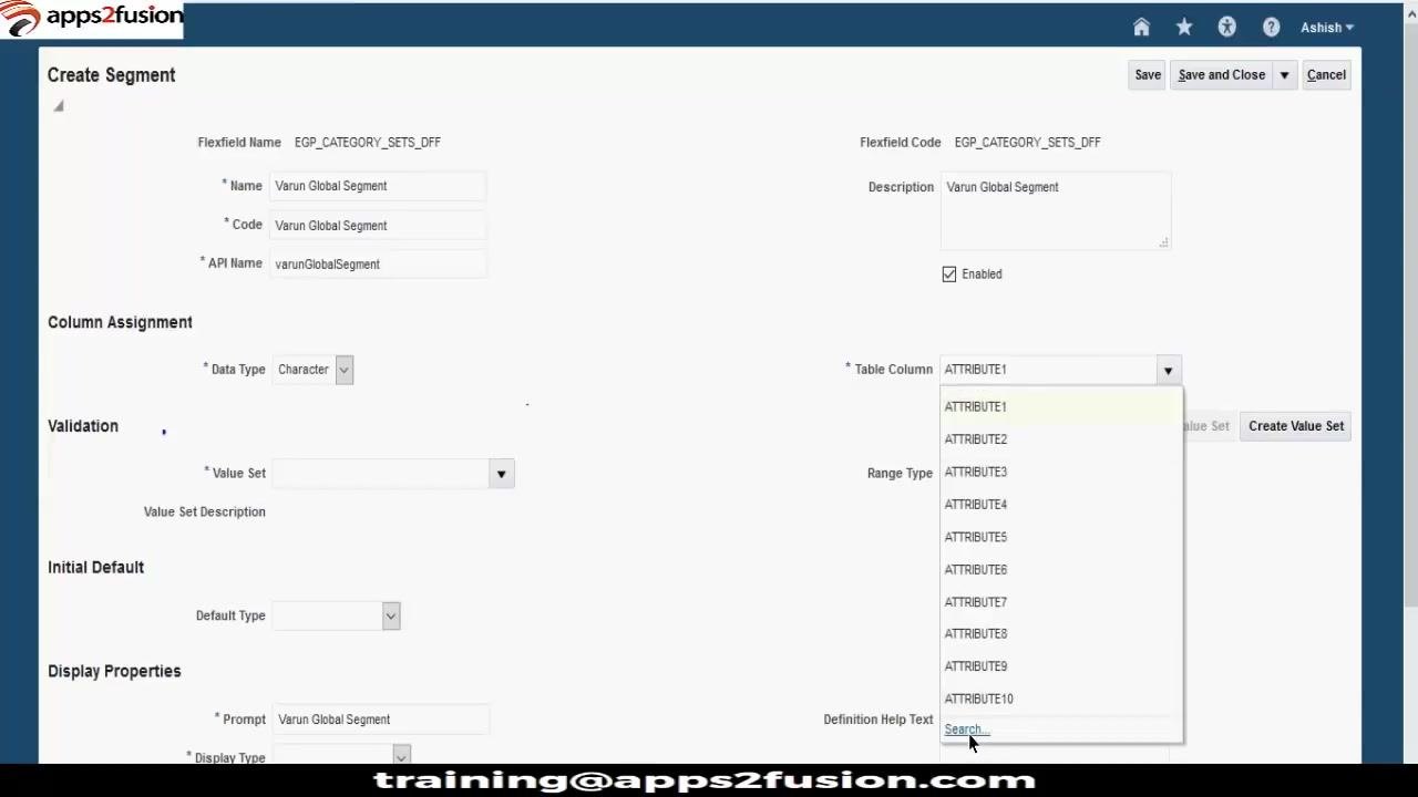Create Segment screen with the Table Column dropdown open, showing ATTRIBUTE1 through ATTRIBUTE10