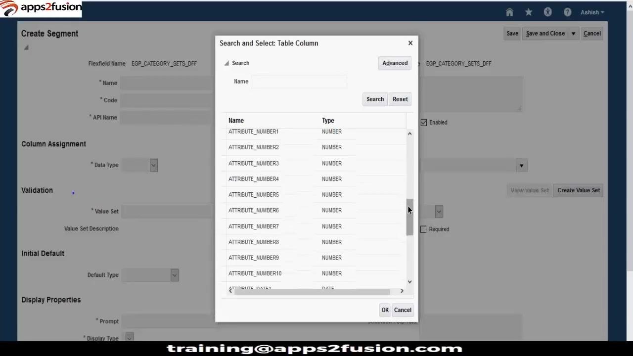 Search and Select: Table Column dialog showing a list of available columns with their types, including NUMBER, DATE, and TIMESTAMP