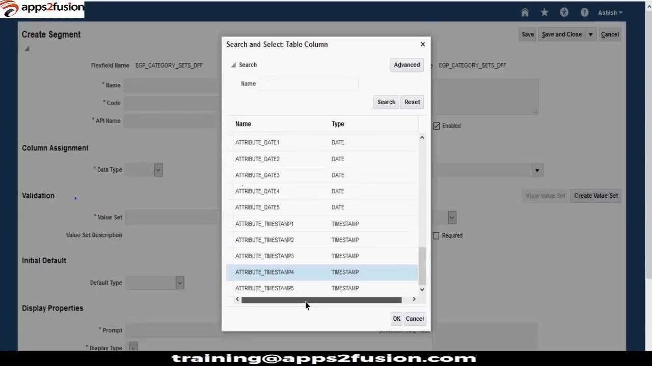 Search and Select: Table Column dialog highlighting available DATE and TIMESTAMP columns, with ATTRIBUTE_TIMESTAMP4 selected