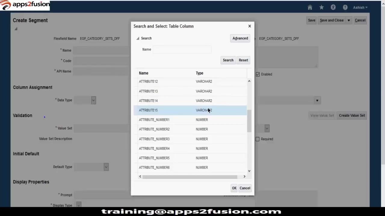 Search and Select: Table Column dialog showing VARCHAR2 and NUMBER columns, with ATTRIBUTE15 selected