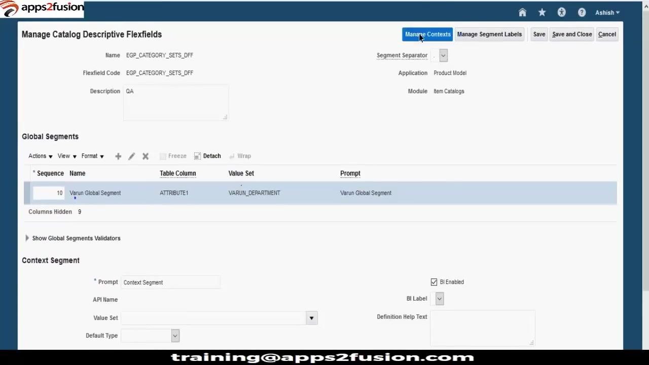 Cursor clicking the Manage Contexts button at the top right of the Manage Catalog Descriptive Flexfields screen