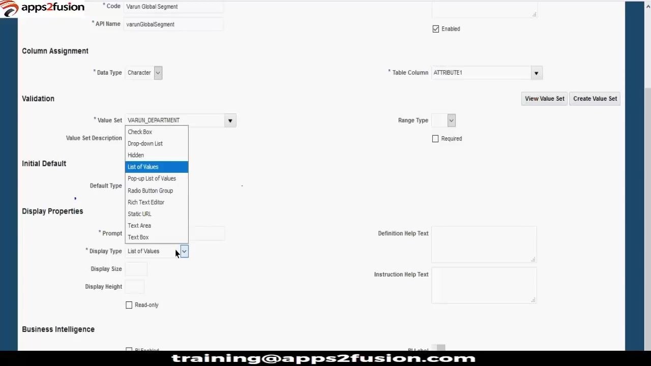Create Segment screen with the Display Type dropdown open, showing List of Values, Text Box, and other options
