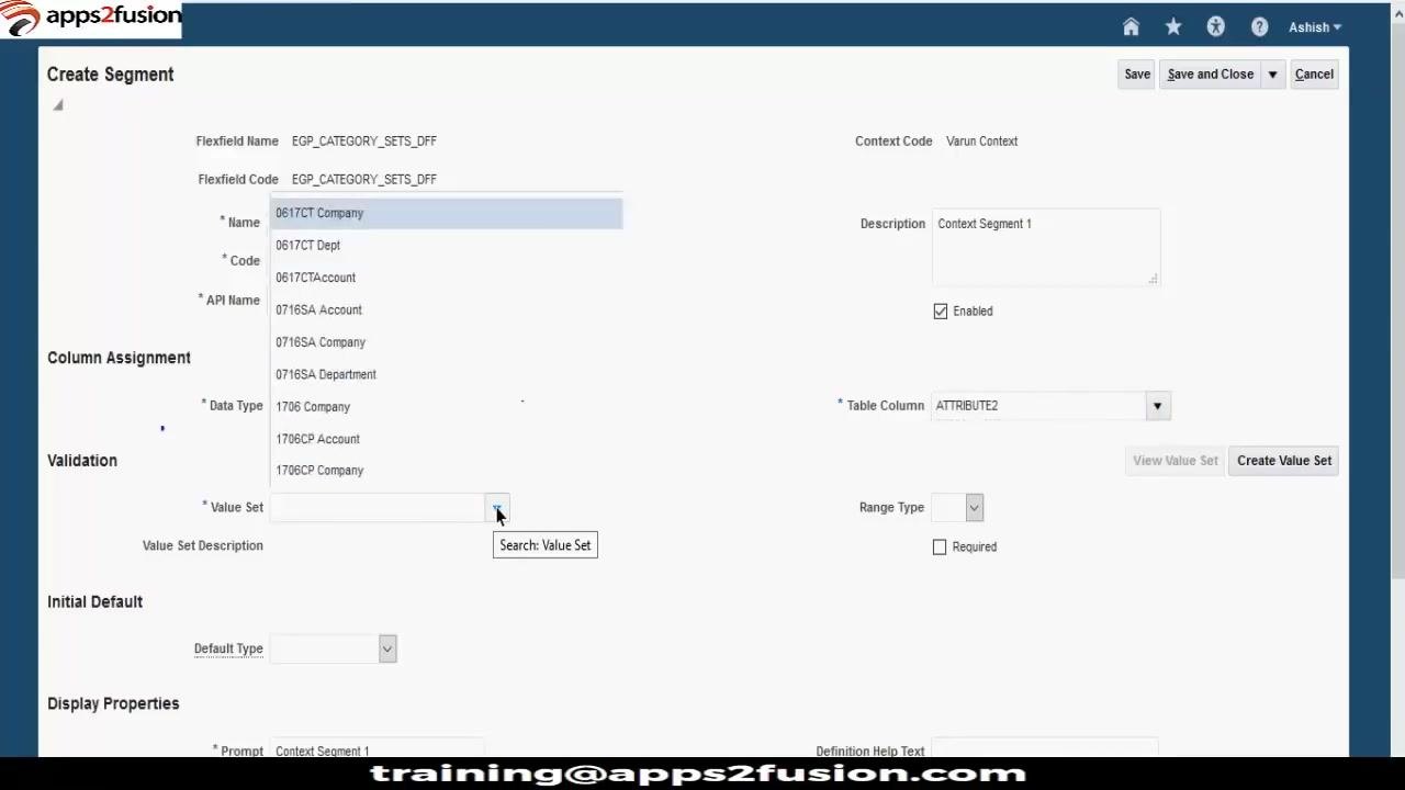 Create Segment form for Context Segment 1, with Data Type set to Character, Table Column set to ATTRIBUTE2, and Value Set set to VARUN_DEPARTMENT