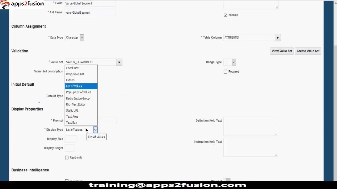 Create Segment screen with the Display Type dropdown open, showing List of Values and Text Box options