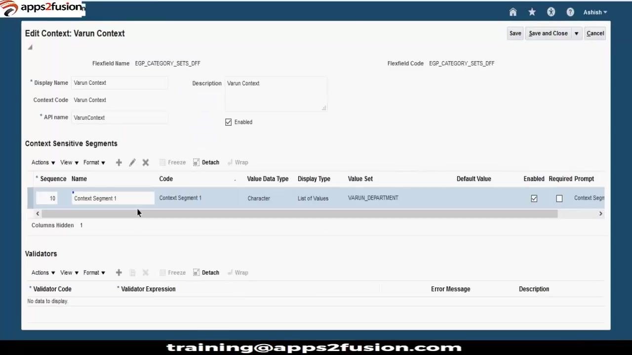 Edit Context: Varun Context screen showing Context Segment 1 listed under Context Sensitive Segments with all configured details