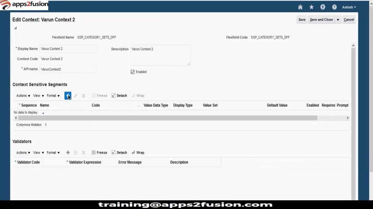 Edit Context: Varun Context screen with Save and Close button highlighted, showing Context Sensitive Segments and details for "Context Segment 1"
