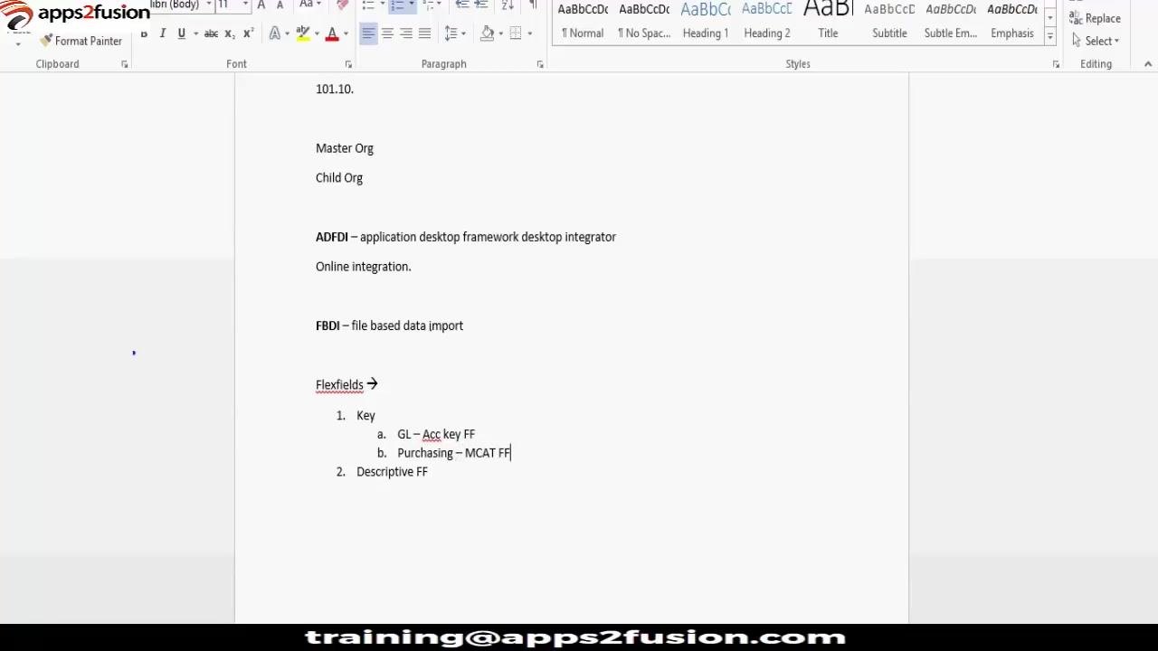 Word document listing flexfield types: 1. Key (a. GL – Accounting Key Flexfield, b. Purchasing – MCAT Flexfield), 2. Descriptive Flexfield