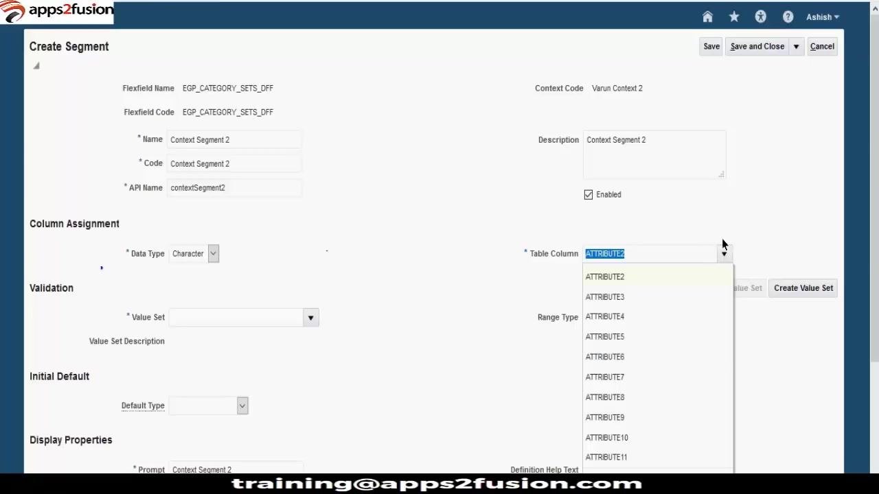 Create Segment form showing the Table Column dropdown with ATTRIBUTE2 selected and a list of available columns