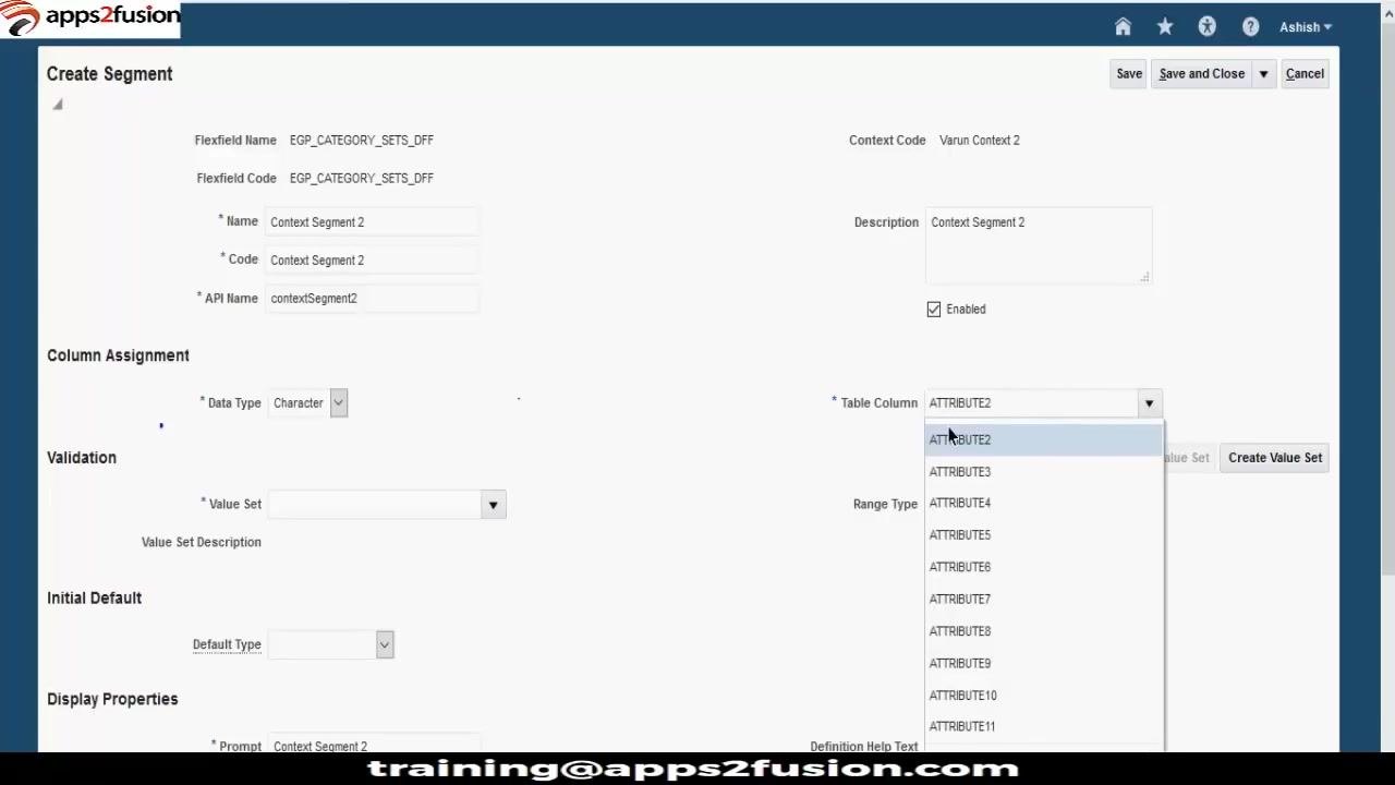 Create Segment form with ATTRIBUTE2 selected in the Table Column dropdown, illustrating context-sensitive storage