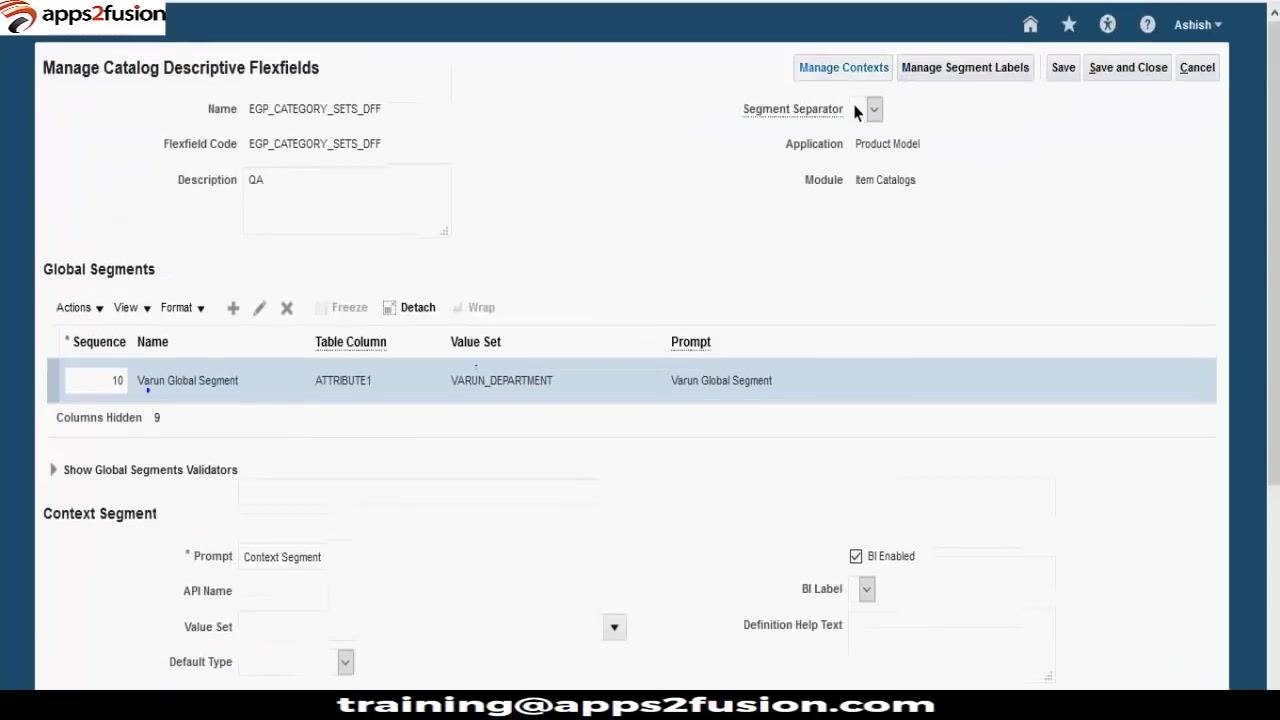 Manage Catalog Descriptive Flexfields screen with the Manage Contexts button highlighted