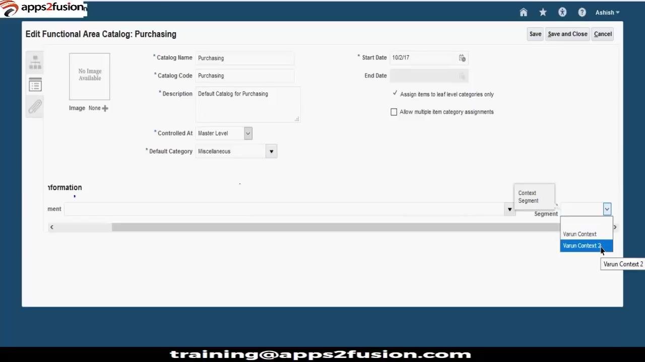 Edit Functional Area Catalog: Purchasing screen with the Context Segment dropdown showing Varun Context and Varun Context 2