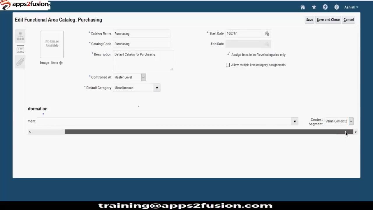 Edit Functional Area Catalog: Purchasing screen with Varun Context 2 selected in the Context Segment dropdown