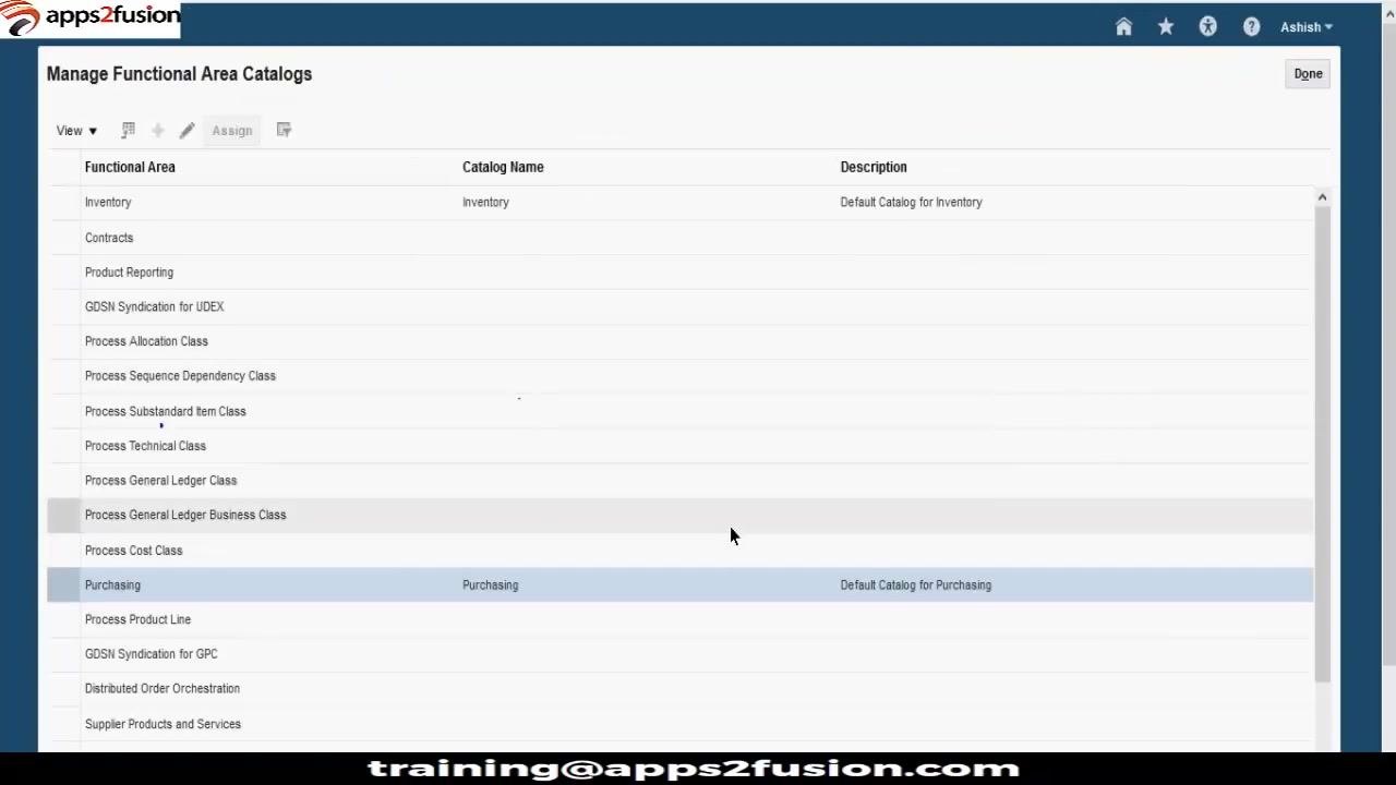 Edit Functional Area Catalog: Purchasing screen with Varun Context selected and the department value set visible