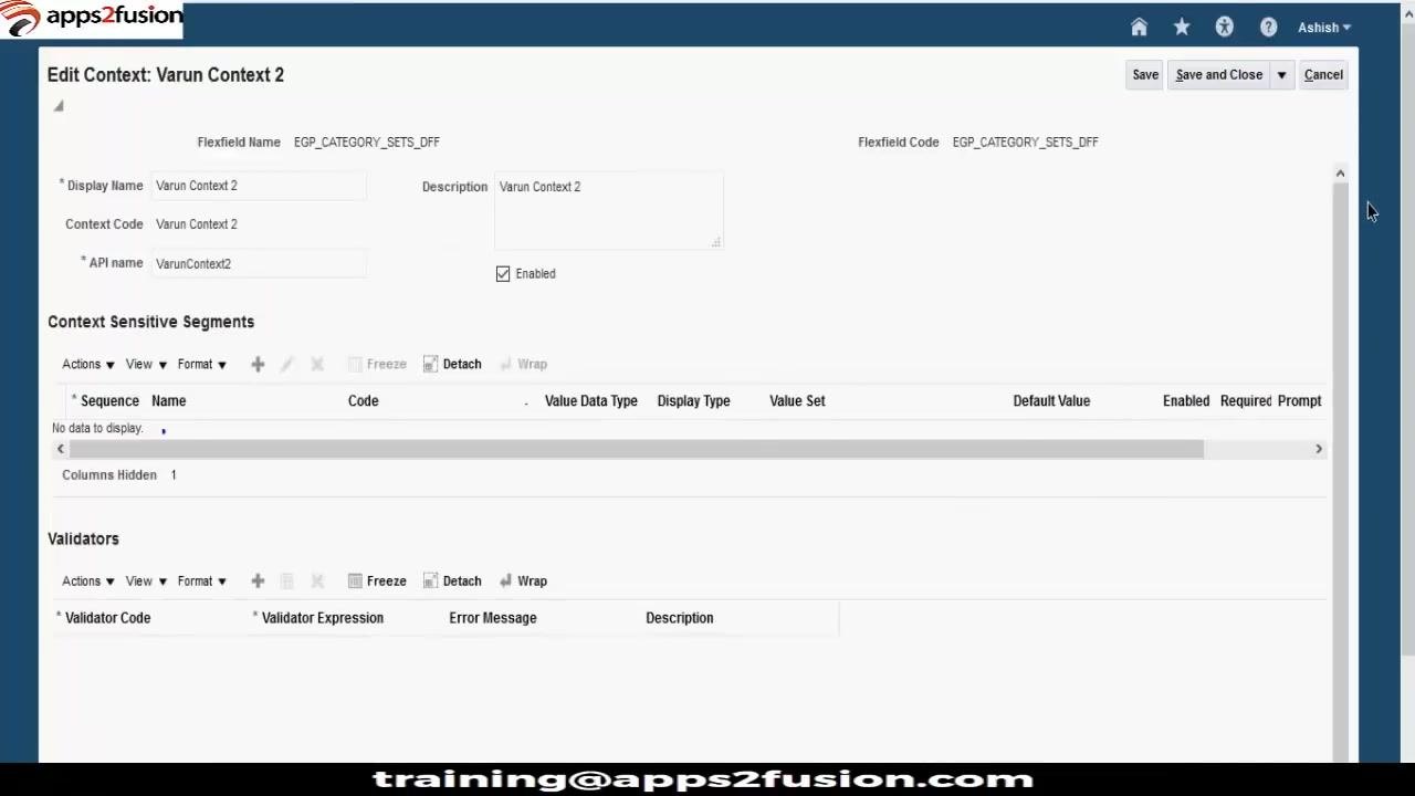 Edit Context screen showing context details for Varun Context 2, with no context-sensitive segments or validators defined