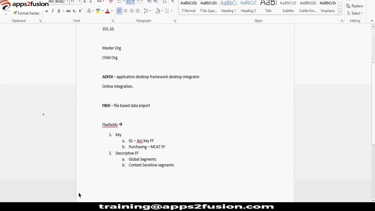 Word document listing flexfield types and descriptive flexfield segment types: Key flexfields (GL Accounting Key Flexfield, Purchasing MCAT Flexfield) and Descriptive Flexfield segments (Global Segments, Context Sensitive Segments)