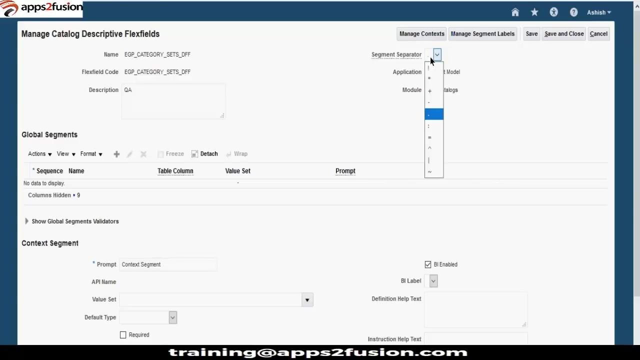 Manage Catalog Descriptive Flexfields screen showing the Global Segments and Context Segment sections, with the segment separator dropdown open