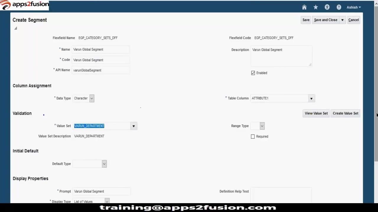 Create Segment screen with the Value Set field set to VARUN_DEPARTMENT, Table Column set to ATTRIBUTE1, Data Type set to Character, and other fields filled