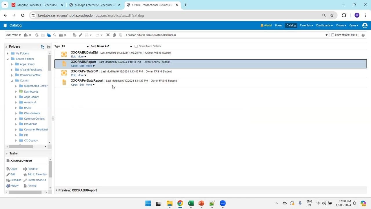 BI Catalog view showing four reports (XXORABUDataDM, XXORABUReport, XXORAPerDataDM, XXORAPerDataReport) under Shared Folders/Custom/OraTrainings, with owner and last-modified details.