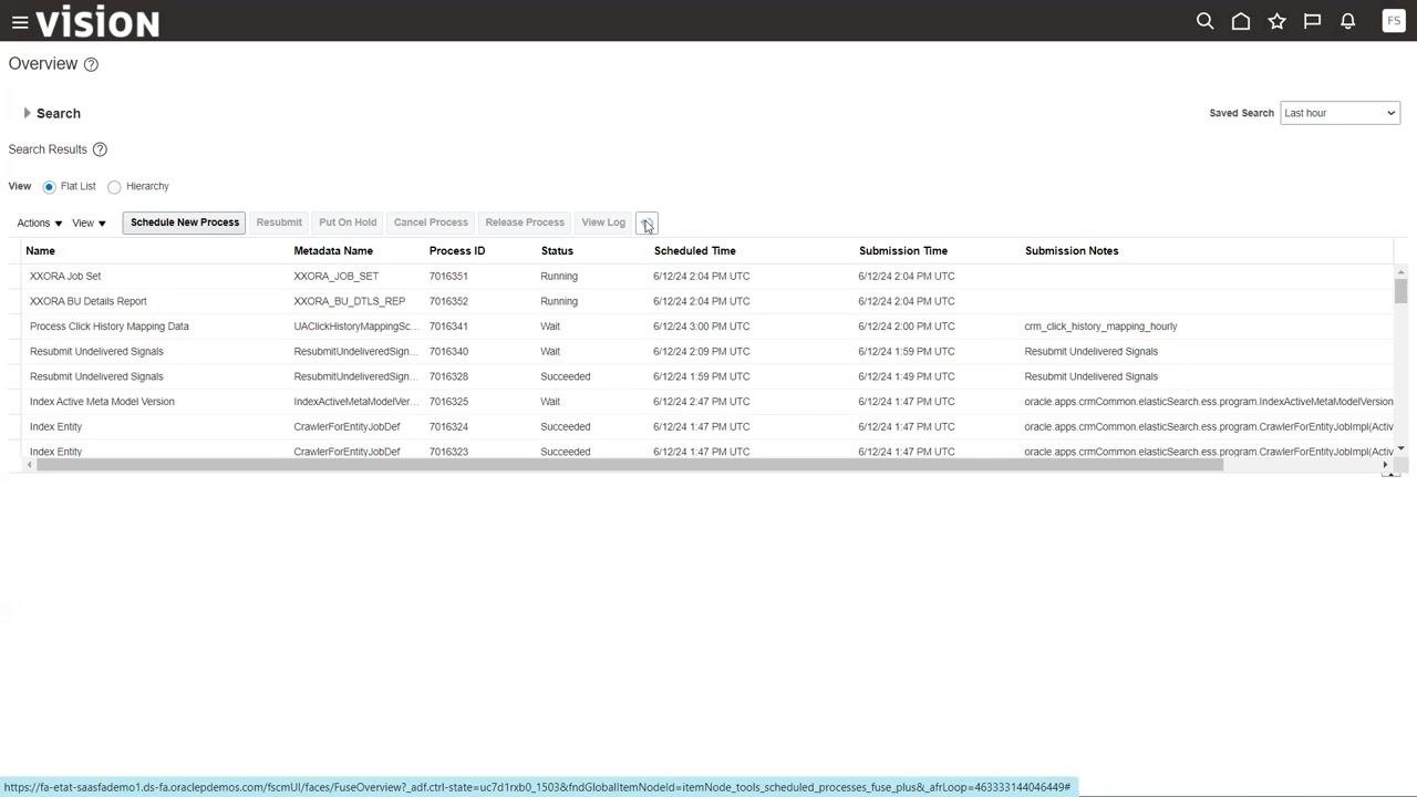 XXORA Job Set expanded in the process list, showing child jobs and the Process Details section below with status and schedule information.