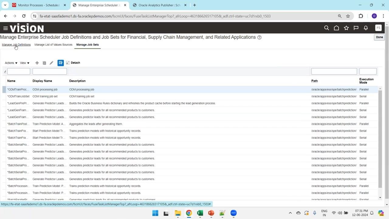 Setup and Maintenance search results for Manage Enterprise Scheduler Job Definitions and Job Sets, with the Financial, Supply Chain Management, and Related Applications option highlighted.