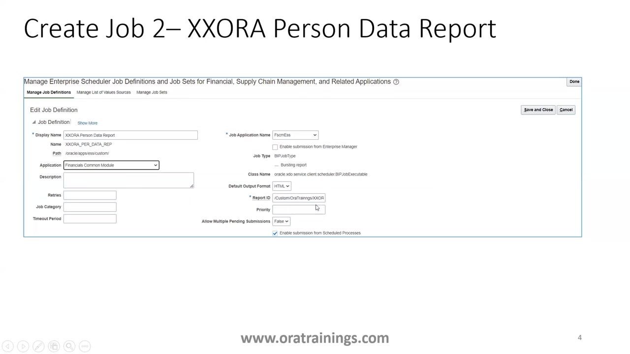 Edit Job Definition form filled out for XXORA Person Data Report, showing all required field values.
