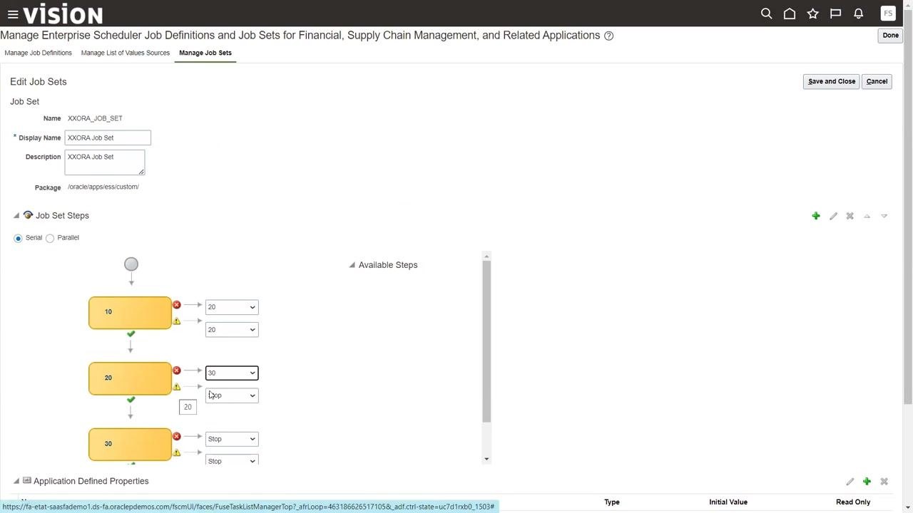 Job set steps shown in a serial flow: steps 10, 20, and 30, each with dropdowns controlling flow on failure or warning. The second step is configured to proceed to the third step.