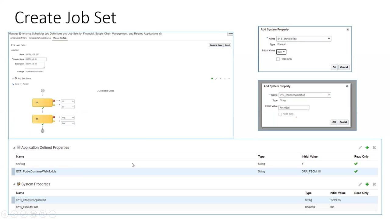 System Properties dialog for adding SYS_effectiveApplication and SYS_executePast, with values FscmEss and true.
