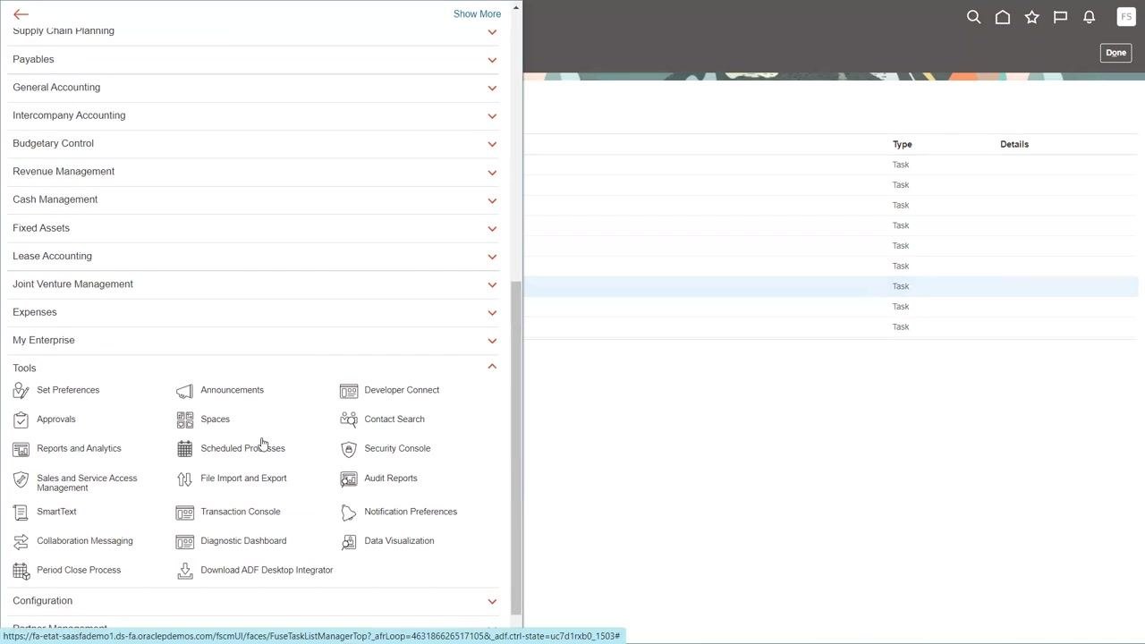 Main menu open, showing the 'Scheduled Processes' option under Tools, alongside other options such as Reports and Analytics and Security Console.