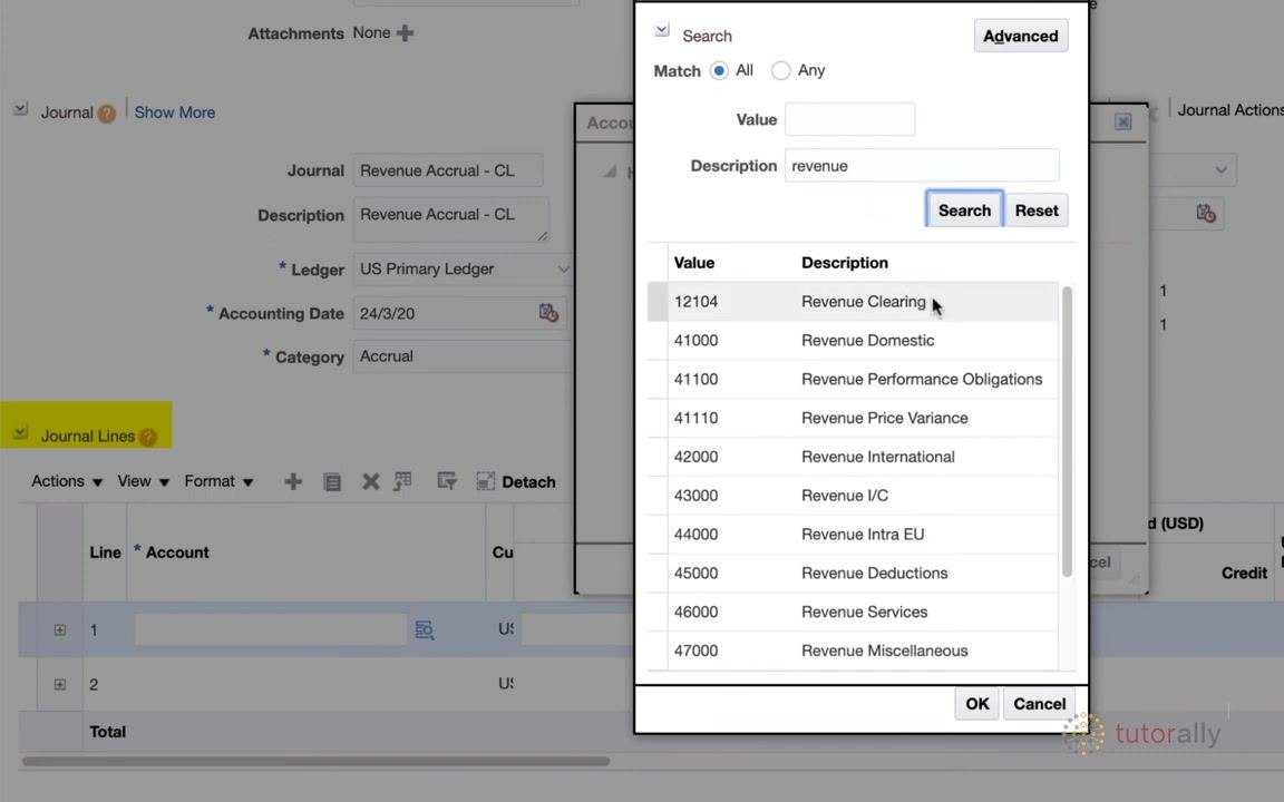 Account search dialog with "revenue" entered in the Description field, showing the list of revenue accounts with 12104 Revenue Clearing highlighted.