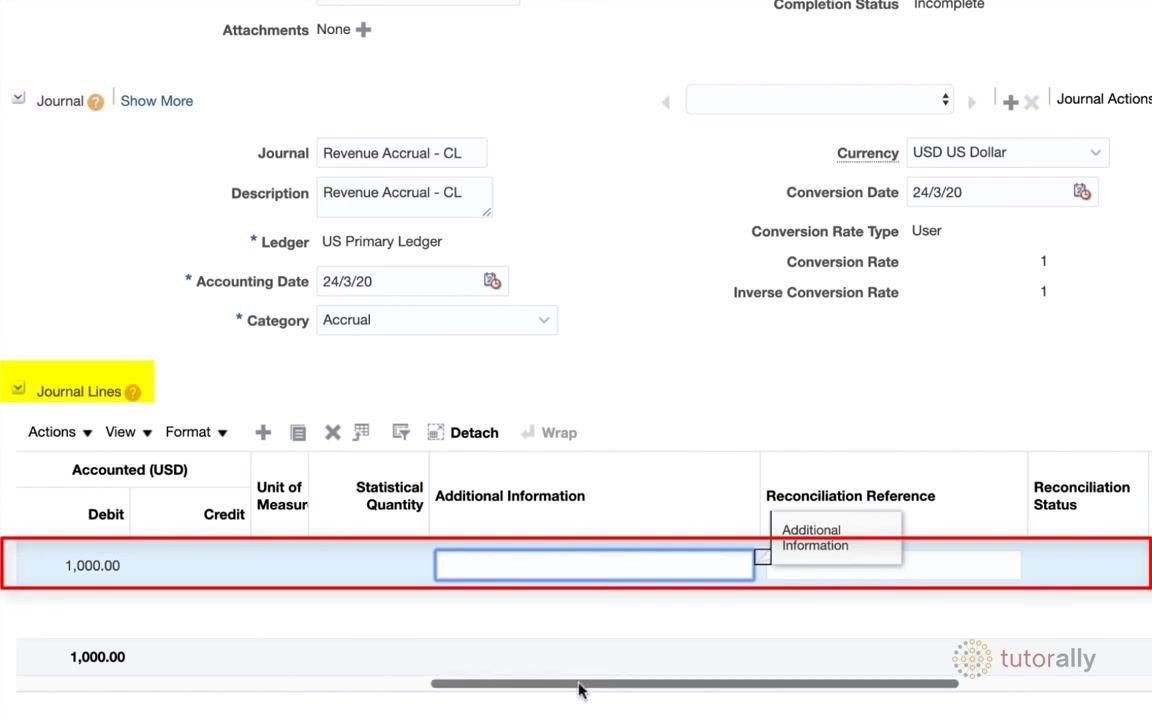 Journal line 1 showing account 101.10.12104.000.000.000, USD currency, Debit 1,000.00, and the Additional Information field.