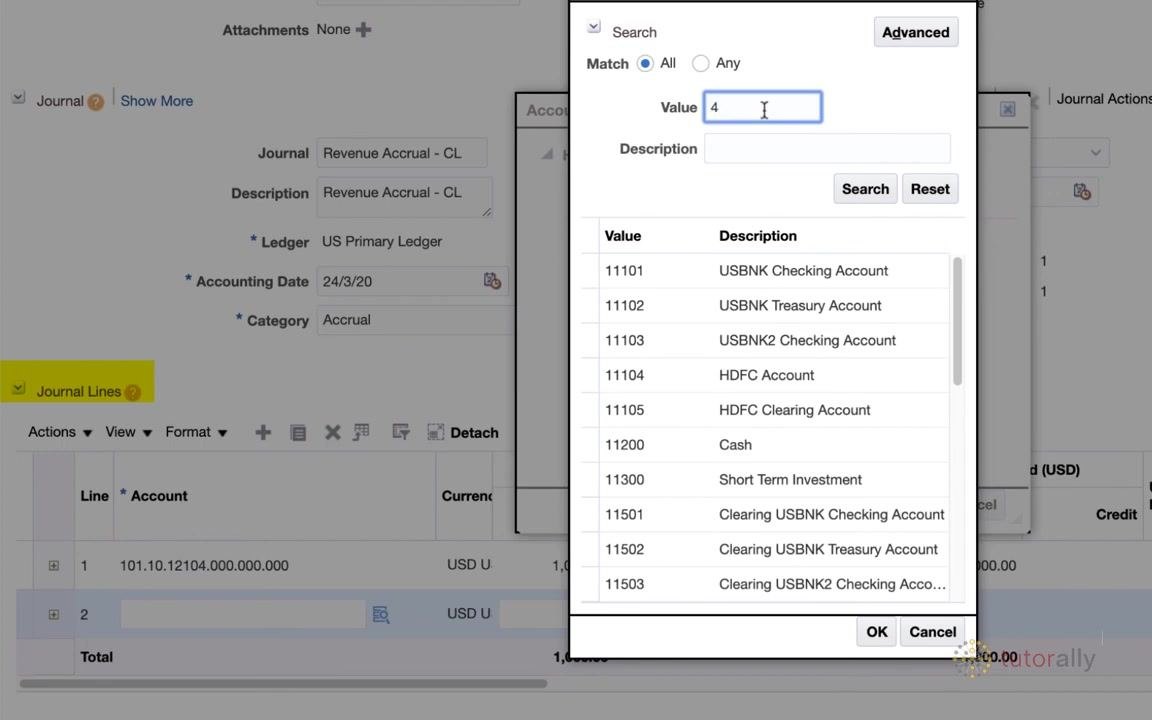 Journal line 1 with Debit 1,000.00 and the Additional Information field available for input.
