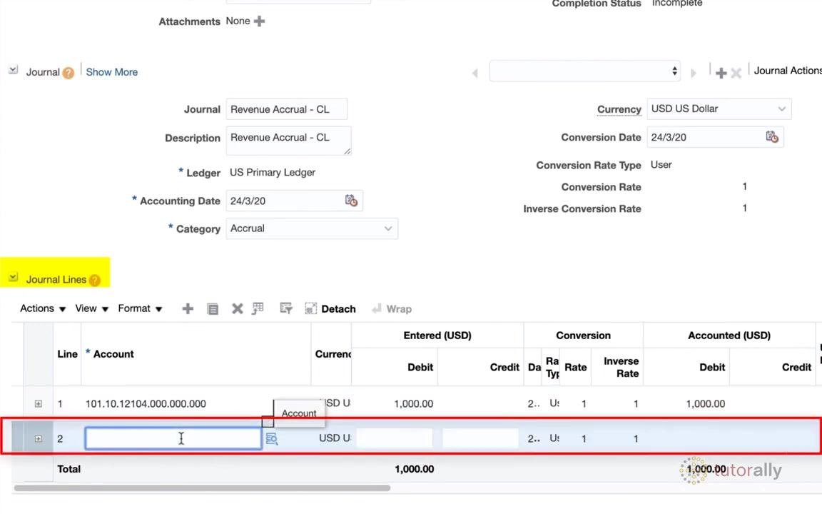 Journal line 2 selected, with the Account field ready for input and search icon highlighted.