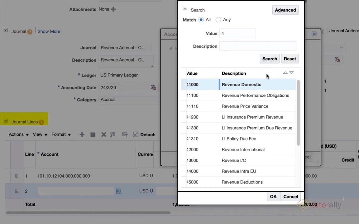 Account search dialog with 41000 Revenue Domestic highlighted, ready for selection.