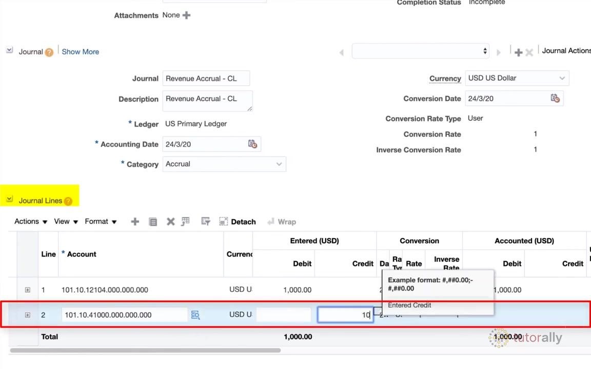 Journal line 2 showing account 101.10.41000.000.000.000, USD currency, Credit 1,000.00, and the Additional Information field.
