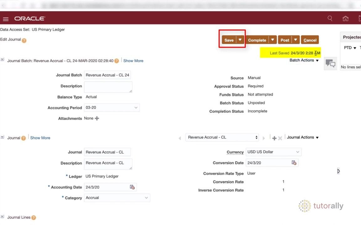 Create Journal screen after saving, showing the Save button, Last Saved timestamp, and updated Journal Batch name.