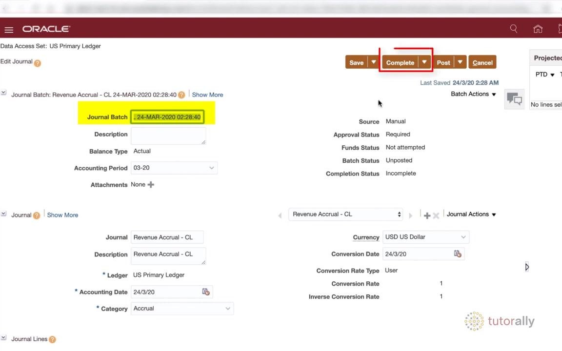 Edit Journal screen with the Complete button highlighted and Completion Status set to Complete.