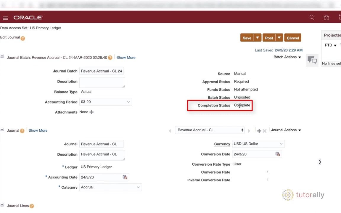 Edit Journal screen with the Completion Status field highlighted as Complete.