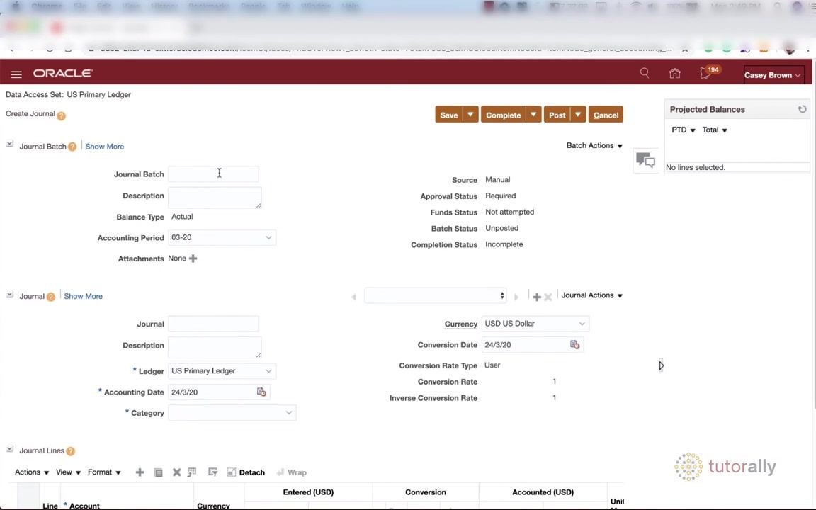 Journal Batch section with blank fields for batch name and description.